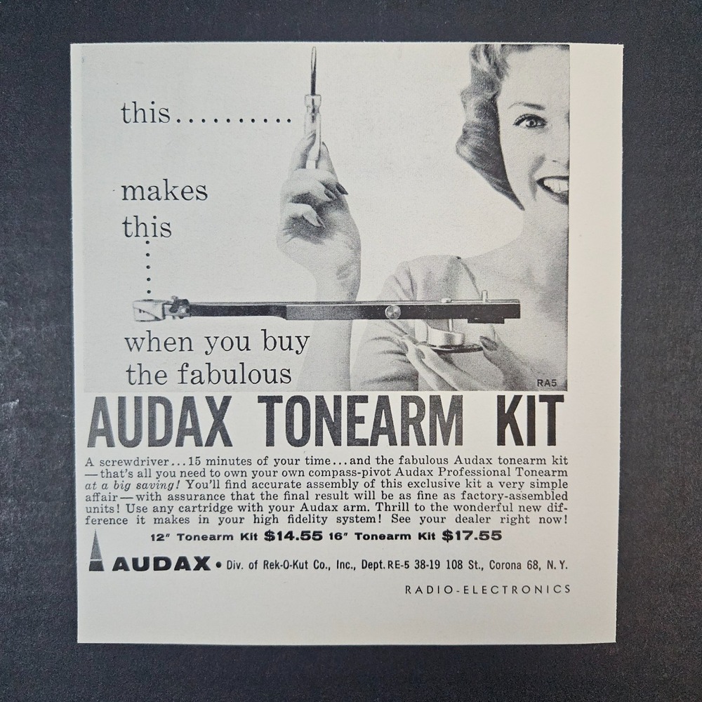1958 Rek-O-Kut Audax Tonearm Kit High Fidelity Vintage Print Ad Corona NY Hi-Fi
